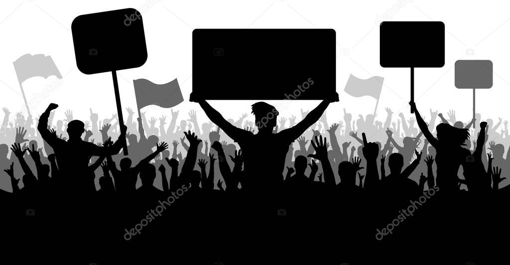 Crowd of people with flags, banners. Sports, mob, fans. Demonstration, manifestation, protest, strike, revolution. Silhouette background vector, angry mob