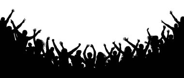 Neşeli insanlar kalabalık alkış, siluet. Parti, alkış. Hayranları dans konser, disko seyirci, kaos seyirci gölge