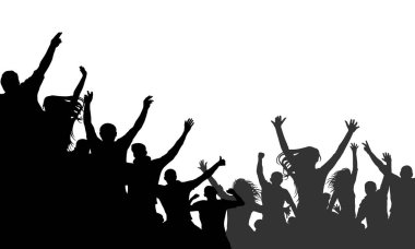 Neşeli insanlar kalabalık alkış, siluet vektör. Parti, alkış. Hayranları dans konser, disko