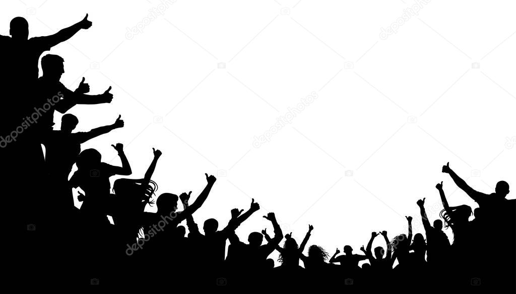 Crowd of people shows the index finger up. Thumb up class. Cheerful people crowd applauding, silhouette. Party, applause. 