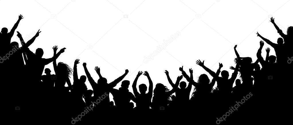 Cheerful people crowd applauding, silhouette. Party, applause. Fans dance concert, disco spectators,  chaos audience shadow