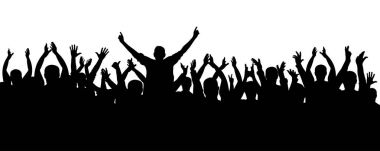 Alkış neşeli kalabalık insanlar siluet. Konser, parti. Komik tezahürat, spor hayranları, izole vektör