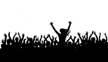 Alkış kalabalık siluet, neşeli insanlar. Konser, parti. Komik tezahürat, vektör izole. Kız bir adamın omuzlarına siluet arka plan