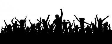 Neşeli çete. Kalabalık neşeli insanlar siluet. Alkış kalabalık. Genç insanlar dans müzik parti, konser, disko mutlu grup arkadaşları. Sporseverler, alkış, tezahürat. Beyaz arka plan üzerinde vektör