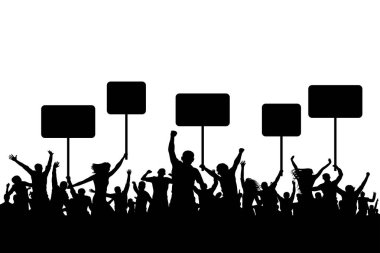 Gösteri, protesto. Kalabalık insan silueti ile bayrak