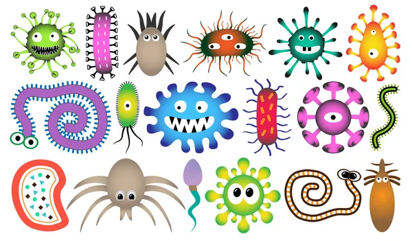 Monstruo de personaje, criatura. Carácter del microorganismo establecido. Microbios, parásitos, bacterias, virus, gusanos, espermatozoides. Conjunto de ilustración vectorial. Aislado sobre fondo blanco — Vector de stock