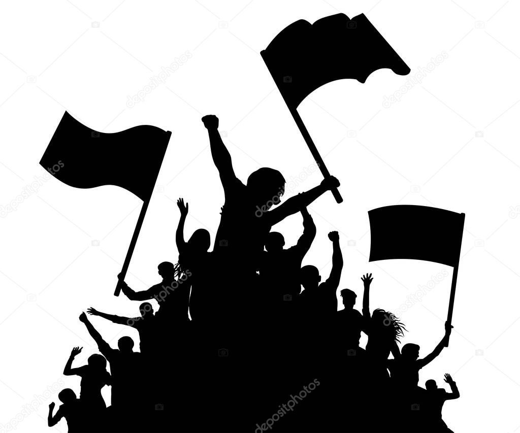 Cheerful crowd people silhouette. Crowd applauding. Fans dance concert, disco. Demonstration, protest. Sports fans with flags