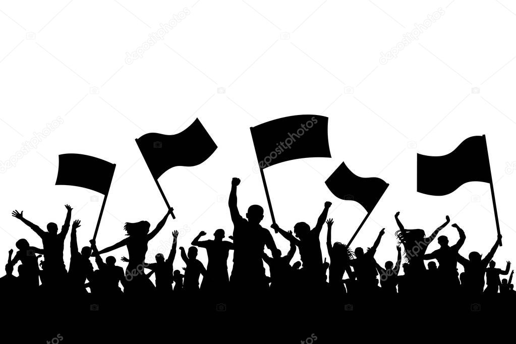 Cheerful crowd people silhouette. Crowd applauding. Demonstration, protest. Sports fans with flags. Fans dance concert, disco
