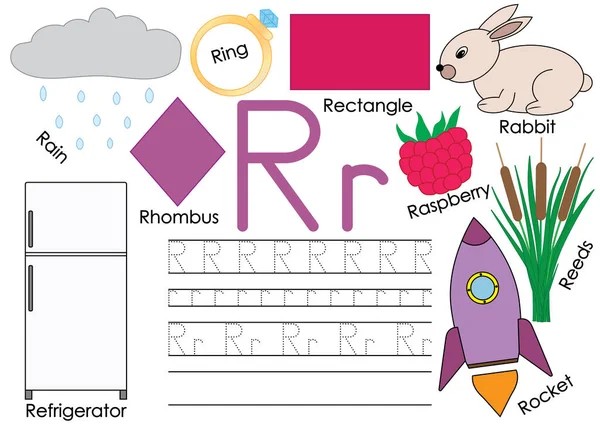 Písmeno R. karty s obrázky a psaní pro předškoláky. Učení anglického jazyka. — Stockový vektor