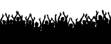 Alkış seyirci. Alkış, alkış neşeli çete fanlar. Tezahürat kalabalık insanlar tezahürat elini kaldır. Parti, konser, spor. Vektör siluet