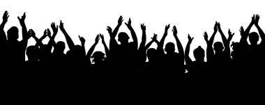 Alkış seyirci. Tezahürat kalabalık insanlar tezahürat elini kaldır. Alkış, alkış neşeli çete fanlar. Vektör siluet konser