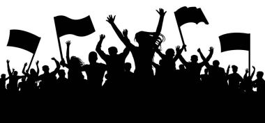 Bayraklar, pankartlar ile insan kalabalığı. Neşeli alkış. Spor, mafya, fanlar. Gösteri, tezahürü, protesto, strike, devrim, isyan, propaganda. Model siluet vektör arka plan