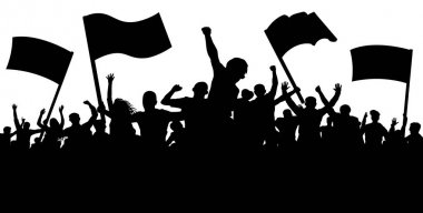 Bayraklar, pankartlar ile insan kalabalığı. Spor, mafya, fanlar. Gösteri, tezahürü, protesto, strike, devrim, isyan, propaganda. Model siluet vektör arka plan