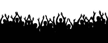 Tezahürat kalabalık insanlar tezahürat elini kaldır. Alkış seyirci. Seyirci tiyatro. Alkış, alkış neşeli çete fanlar. Parti, konser, spor. Vektör siluet