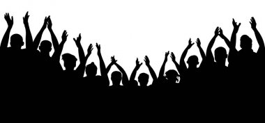 Tezahürat kalabalık insanlar tezahürat elini kaldır. Alkış seyirci. Alkış, alkış neşeli çete fanlar. Parti, konser, spor. Vektör siluet