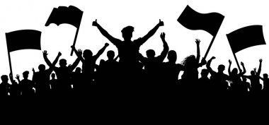 Siluet tezahürat kalabalık insanlar. Alkış, tezahürat seyirci alkışlar. Neşeli spor fanatiği. Mafya futbol afiş. Parti müziği konseri. Gösteri, protesto, strike, devrim, isyan. İzole vektör