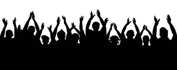 Alkış seyirci. Tezahürat kalabalık insanlar tezahürat elini kaldır. Alkış, alkış neşeli çete fanlar. Parti, konser, spor. Vektör siluet