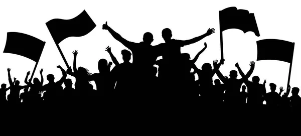 Crowd of people, friends at a party silhouette. Concert, festival, music. Cheer crowd people. Audience cheering applause. Cheerful sports fan. Mob soccer banner. Crowd with flags and banners — Stock Vector