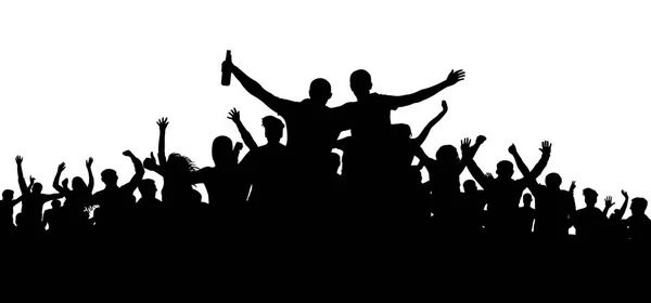Crowd of people, friends at a party silhouette. Concert, festival, music. Cheer crowd people. Audience cheering applause. Cheerful sports fan. Mob soccer banner. Man with a bottle of beer, alcohol