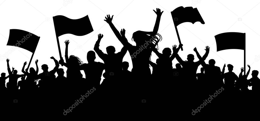 Crowd of people with flags, banners. Cheerful applause. Sports, mob, fans. Demonstration, manifestation, protest, strike, revolution, riot, propaganda. Silhouette background vector