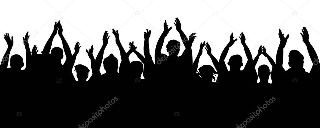 Applause audience. Crowd people cheering, cheer hands up. Cheerful mob fans applauding, clapping. Party, concert, sport. Vector silhouette