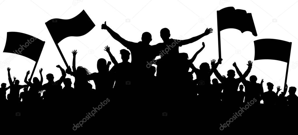 Crowd of people, friends at a party silhouette. Concert, festival, music. Cheer crowd people. Audience cheering applause. Cheerful sports fan. Mob soccer banner. Crowd with flags and banners