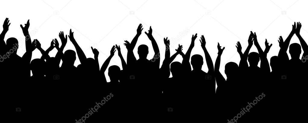 Crowd people cheering, cheer hands up. Applause audience. Cheerful mob fans applauding, clapping. Vector silhouette concert