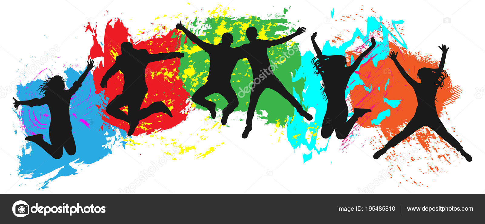Jumping youth on colorful background. Jumps of cheerful young people