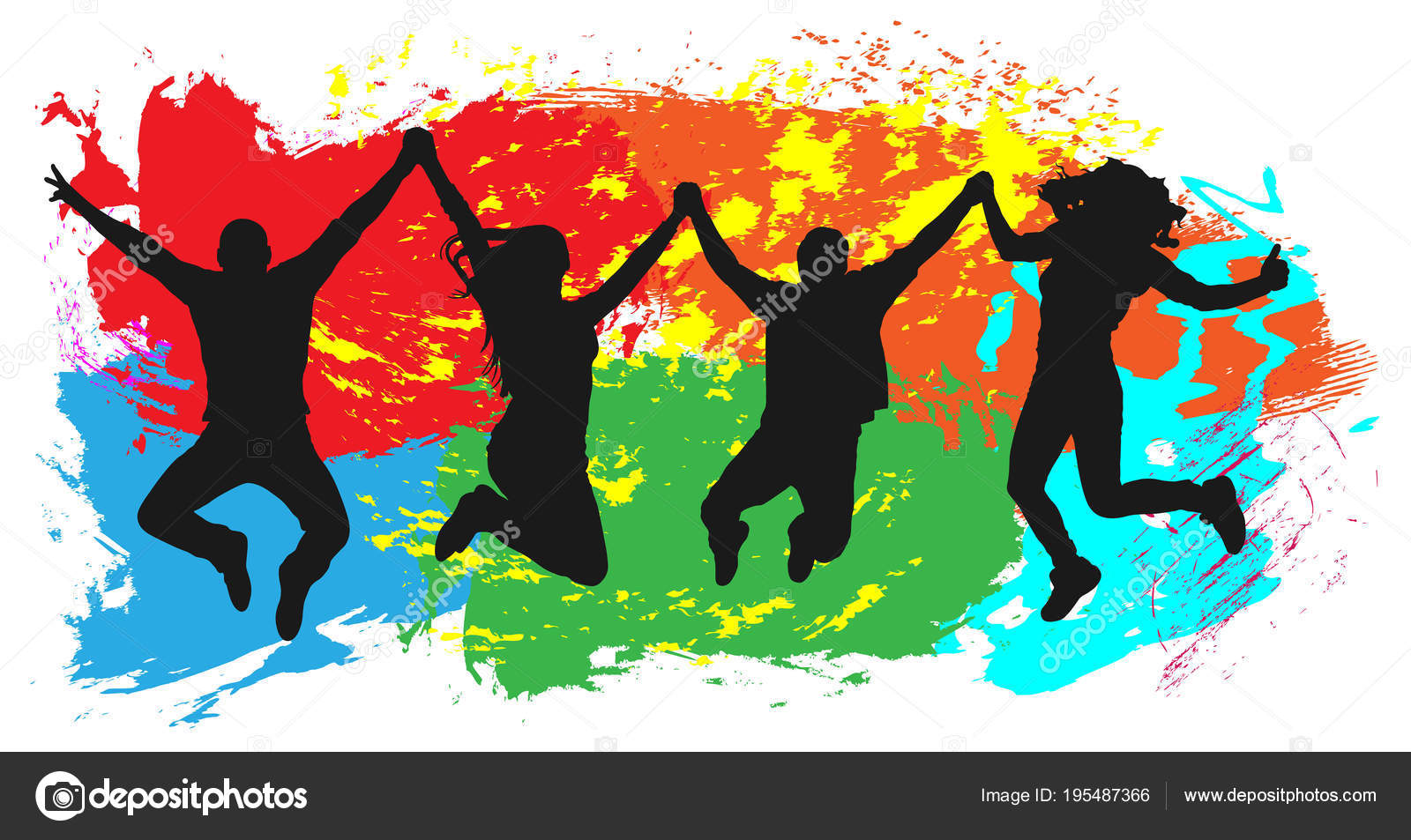 Jumping youth on colorful background. Jumps of cheerful young people