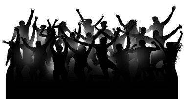 Müzik konser, parti, festival, club dans neşeli insan kalabalığı. Seyirci tezahürat eller yukarı. Alkış, mafya hayranları izole siluet vektör