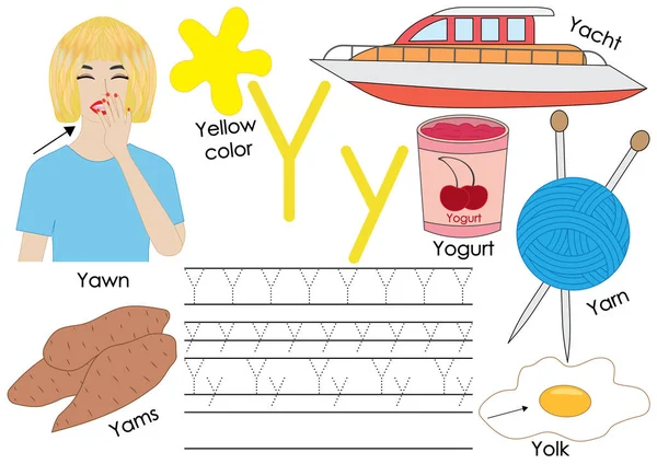 Carta Y. Aprender alfabeto inglês com imagens e prática de escrita para crianças . —  Vetores de Stock