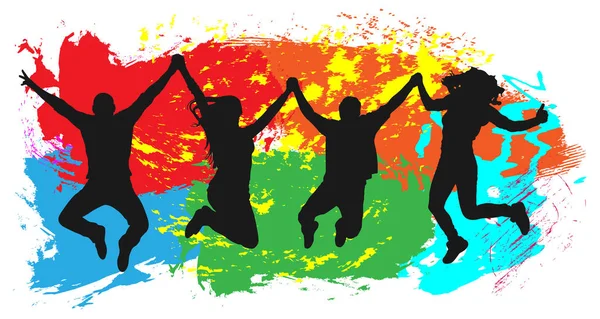Springen jeugd op kleurrijke achtergrond. Sprongen van vrolijke jonge mensen, vrienden — Stockvector