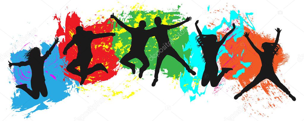 Jumping youth on colorful background. Jumps of cheerful young people, friends. Joy of the youth crowd of colorful blobs