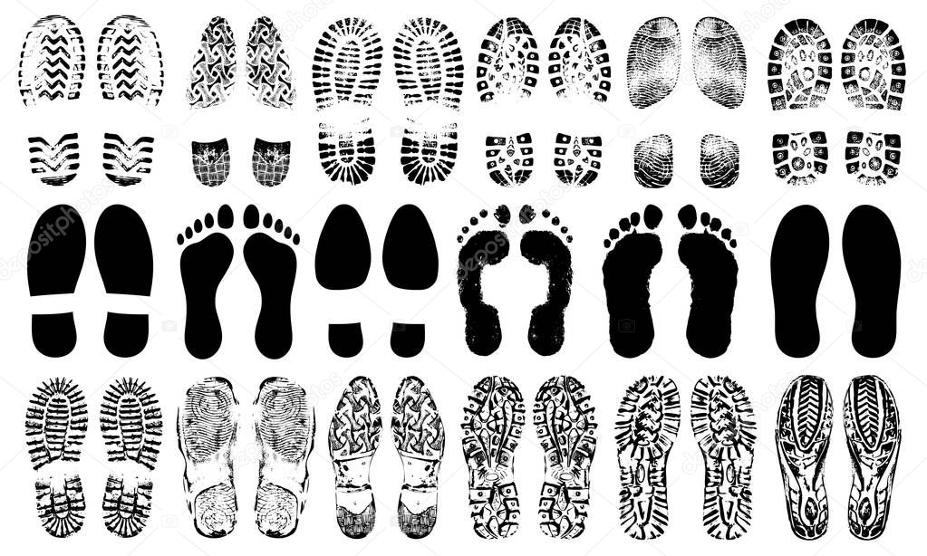Footprints human shoes silhouette, vector set, isolated on white background. Shoe soles print. Foot print tread, boots, sneakers. Impression icon barefoot