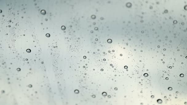 Regendruppels druppelen op de voorruit van de auto close-up. Nano-coating van de voorruit — Stockvideo