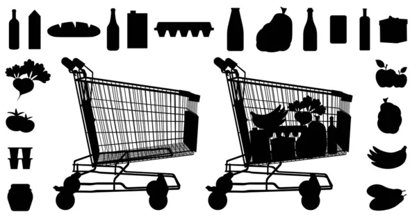 Tienda productos carro silueta. Tienda de supermercados de productos alimenticios — Vector de stock