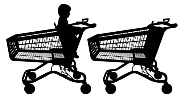 Carrello della spesa con un bambino. Vettore silhouette carrello supermercato — Vettoriale Stock