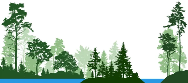 Paisaje forestal de árboles aislados. Río Forest. Ilustración vectorial — Archivo Imágenes Vectoriales