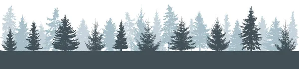 Téli erdő sziluettje, horizont. Fenyőfák (karácsonyfák) — Stock Vector