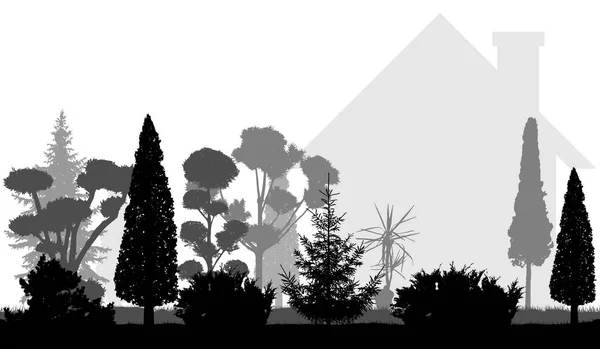 Silhouette of ornamental garden near the house. Trees — Stock Vector