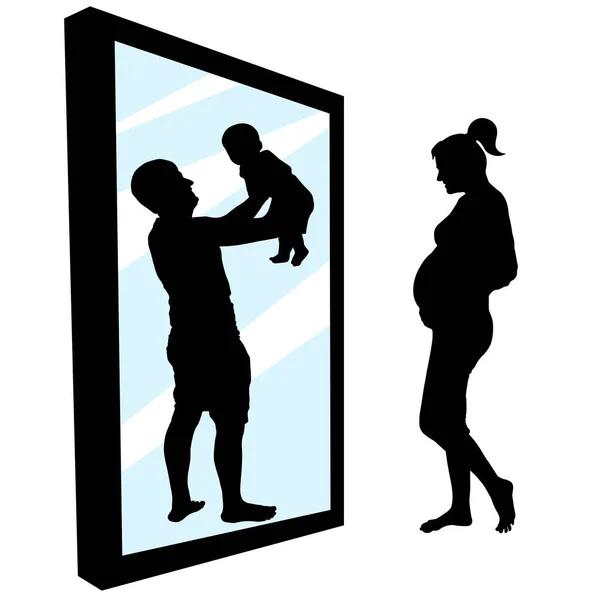 Mujer embarazada está de pie frente a un espejo . — Vector de stock
