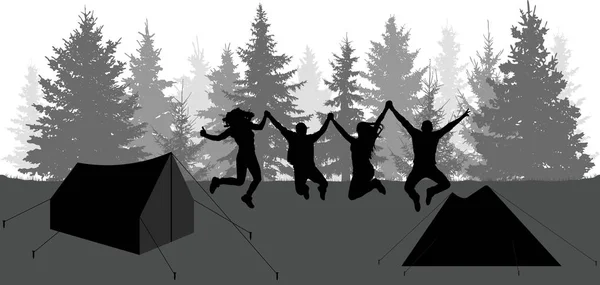 Silhouette di persone che saltano felici nella foresta. Campeggio, natura . — Vettoriale Stock