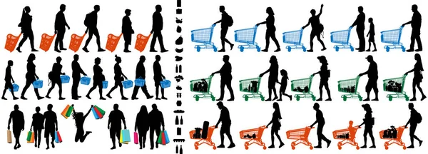 Silueta nakupujícího. Lidé s nákupními košíky a nákupními košíky. — Stockový vektor