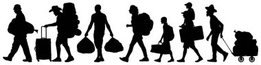 Crowd people migration. Resettlement of refugees. Man walks with a bag and a suitcase. Silhouette vector illustration clipart