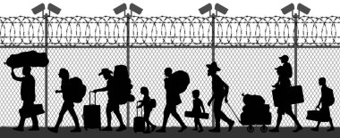 Migration of people across the border near the fence with cameras. Seamless silhouette vector illustration clipart