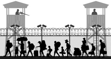 Group of walking refugees. Crowd migration. People behind barbed wire. State border checkpoint. Silhouette vector illustration clipart