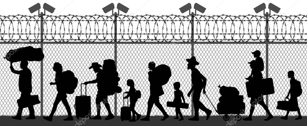 Migration of people across the border near the fence with cameras. Seamless silhouette vector illustration