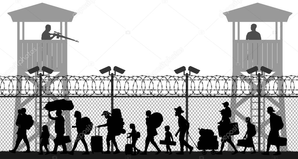 Group of walking refugees. Crowd migration. People behind barbed wire. State border checkpoint. Silhouette vector illustration