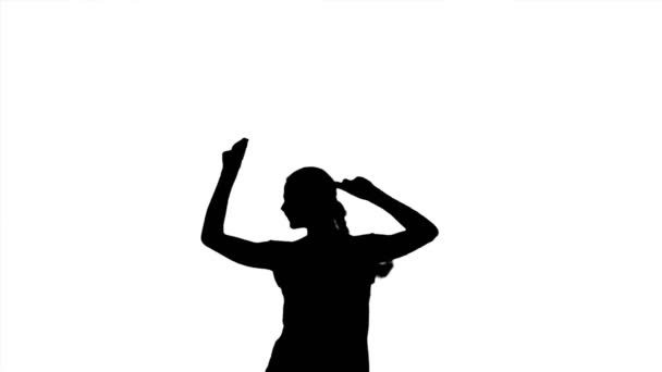 Frau applaudieren, Hände klatschen, Hände winken. Schwarze Silhouette einer Frau auf weißem Hintergrund. — Stockvideo