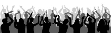 Konserdeki insanları alkışlıyorlar, siluetleri. Vektör illüstrasyonu.